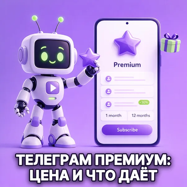 Робот держит телефон с экраном подписки Premium и фиолетовой звездой, рядом коробка с подарком