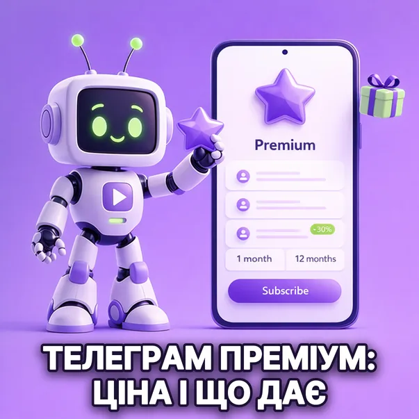 Робот тримає телефон з екраном підписки Premium і фіолетовою зіркою, поруч коробка з подарунком