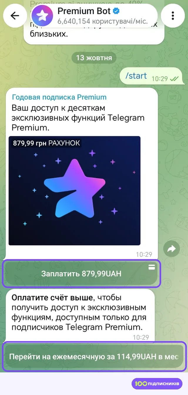Чат PremiumBot: ціна за рік 879,99 грн і кнопка щомісячної підписки за 114,99 грн