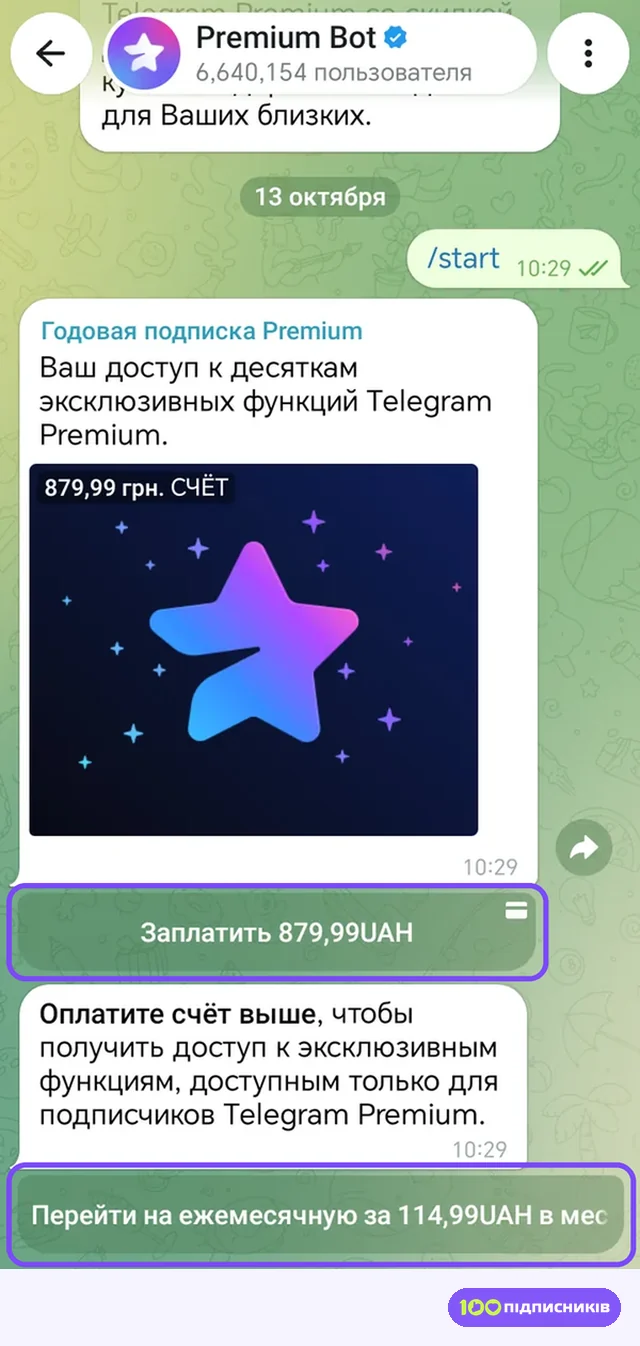 Чат PremiumBot: цена за год 879,99 грн и кнопка ежемесячной подписки за 114,99 грн